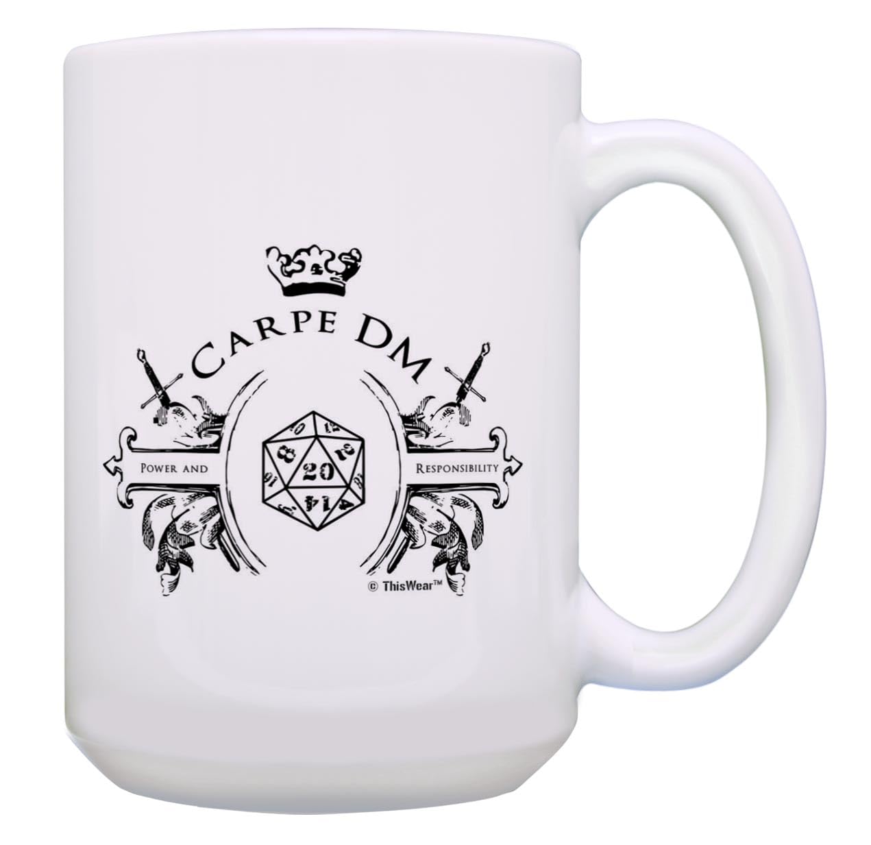 Gaming Gifts Carpe DM Power and Responsibility D20 Dice Mug Crit Hit Natural 20 15-oz Mug Cup White