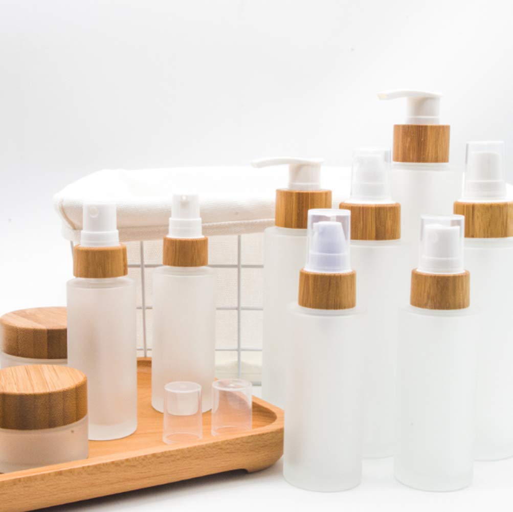 1Pcs 150Ml/5Oz Frosted Glass Pump Bottles Empty Refillable Press Pump Bottle With Bamboo Pump Head Toiletries Storage Containers