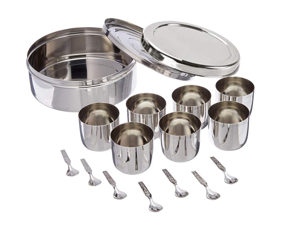 Shourya Trading Stainless Steel Spice Box With 7 Spice Containers And 7 Spoon And Double Lid, Size No. 12