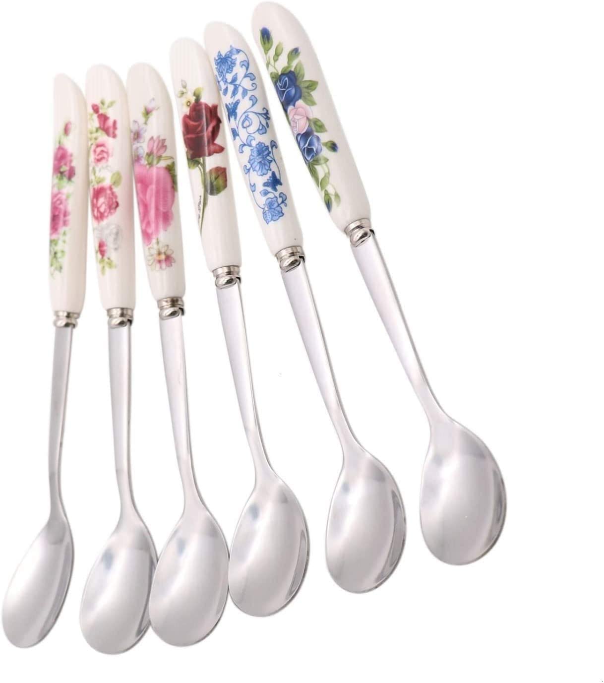 Aiptosy 6 Pack Stainless Steel Coffee Spoon Ceramic Handle Teaspoon Sugar Spoon Ice Cream Desert Spoon Stirring Soup Tableware