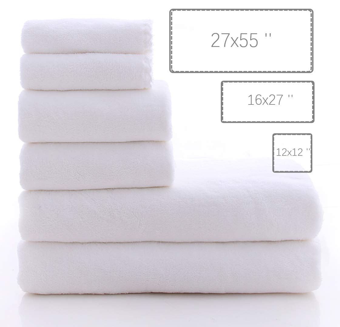 MOONQUEEN Ultra Soft Towel Set - Quick Drying - 2 Bath Towels 2 Hand Towels 2 Washcloths - Microfiber Coral Velvet Highly Absorbent Towel for Bath Fitness  Sports  Yoga  Travel (White  6 Pieces)