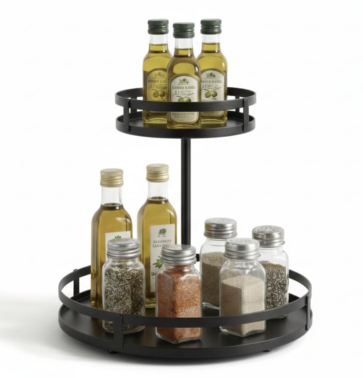 Tisany 3 Tier Spice Rack Organizer, Black Metal Fixed Design With Ms Steel Base, MultiLayer Storage For Kitchen Counter