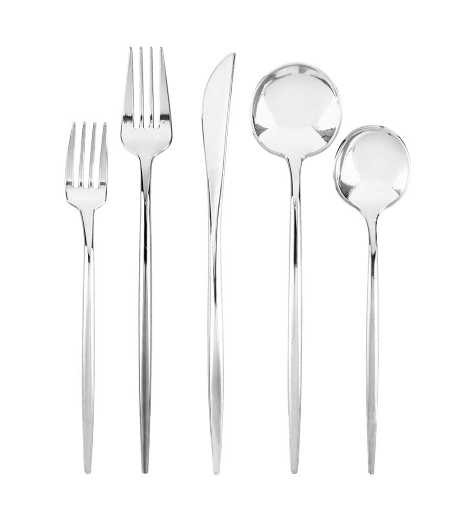 Novelty Flatware Silver Salad Forks - 32 Pieces - Modern & Stylish Plastic Flatware For Chic Table Settings, Perfect For Parties