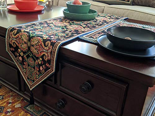 Tache Rococo Elegant Ornate Black Green Paisley Dining Cotton Linen Tapestry Woven Table Runner With Tassels 13X90