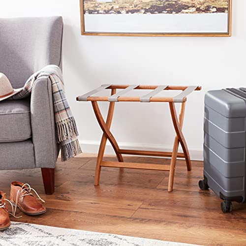 Wooden Mallet Designer Curve Leg Luggage Rack  Grey Straps  Medium Oak