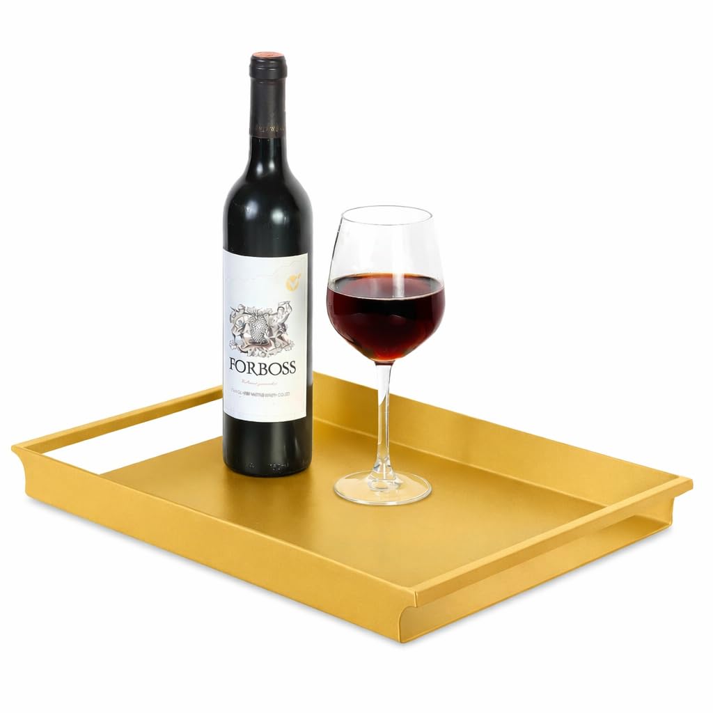 Ogfc 57553 Decorative Serving Tray, Modern Metal Rectangle Coffee Table Tray With Sleek Rounded Cutout Side Handles  Golden