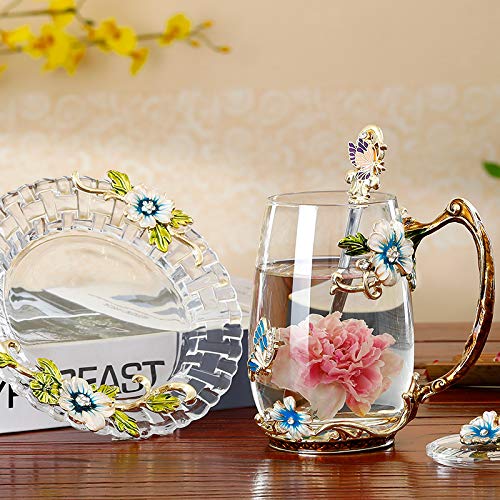 Luka Tech Enamel Butterfly flower Glass Mug with Spoon, Gifts For Women Wife Mom Friends Birthday Mothers Valentines Day Christm