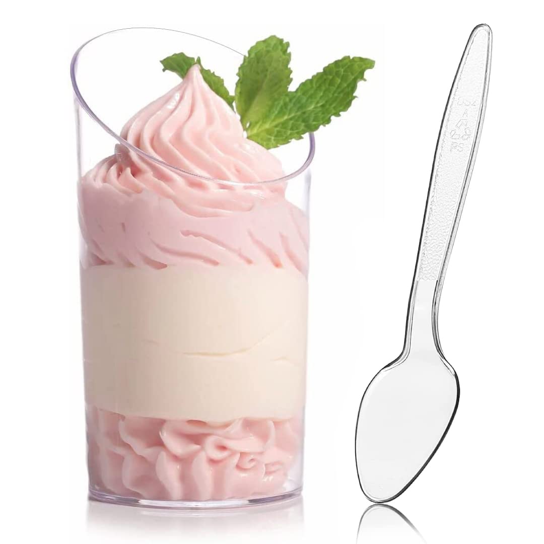 Zezzxu 50 Pack Mini Dessert Cups With Spoons, 2.2 Oz Plastic Small Dessert Shotter Cups Slanted Appetizer Cups For Serving Mouss