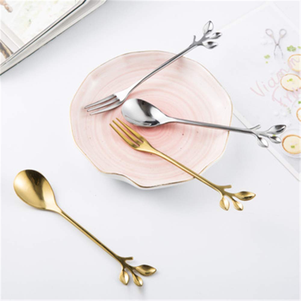 Turbokey Tableware Gold Leaf Coffee Spoon Fork 8 Pack(4 Spoons 4 Forks) Little Demitasse Espresso Spoon and Appetizer Dessert Forks Set 4.7 Inches Tea Spoon Set (Gold8)
