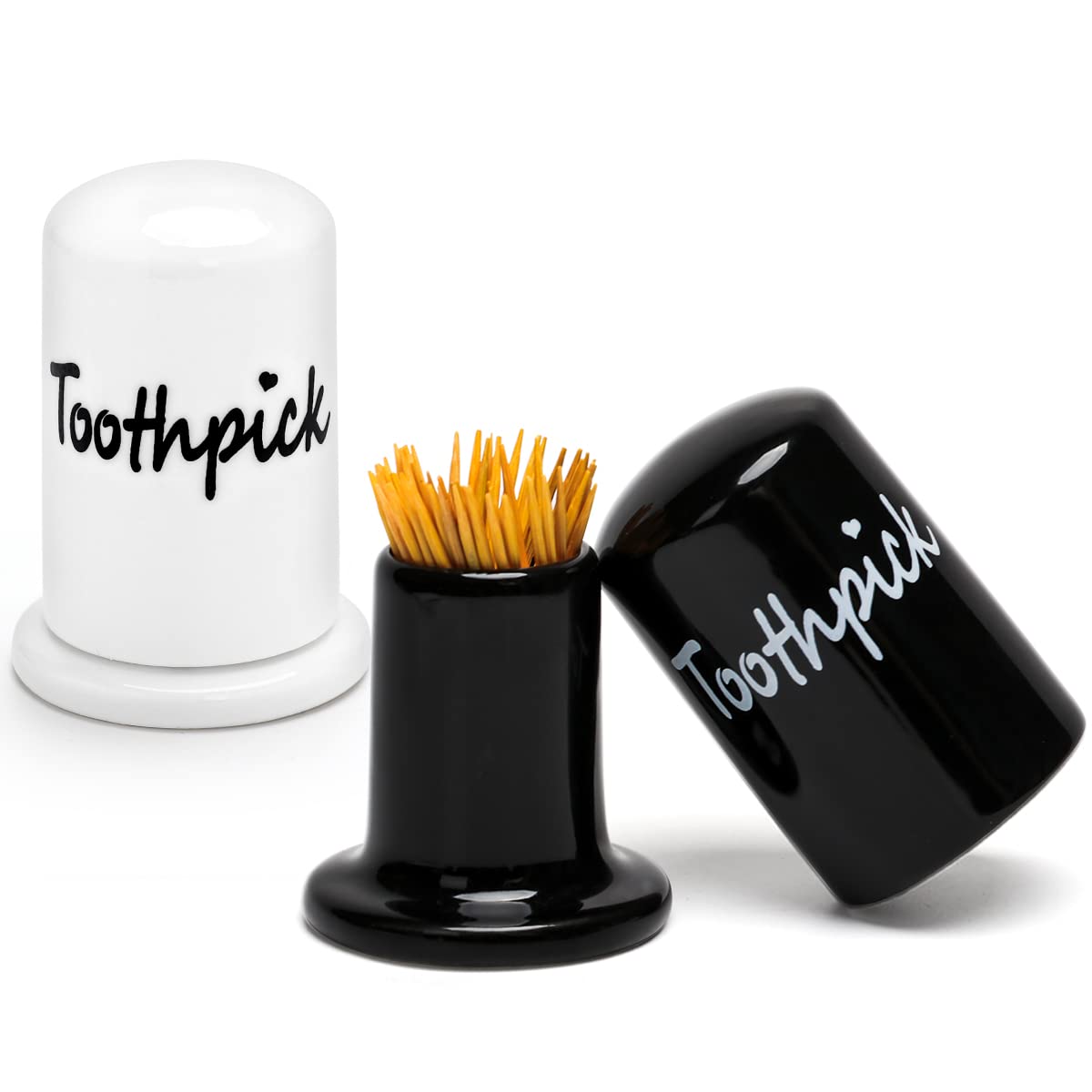 Swetwiny Ceramic Toothpick Holder Set Of 2, Porcelain Toothpick Holder Dispenser With Lid For Home And Kitchen Decor (White+Blac