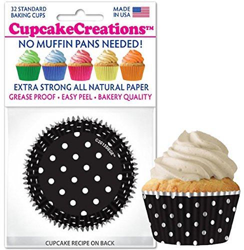 Cupcake Creations 32 Count Cupcake Baking Papers, Black & White Polka Dot