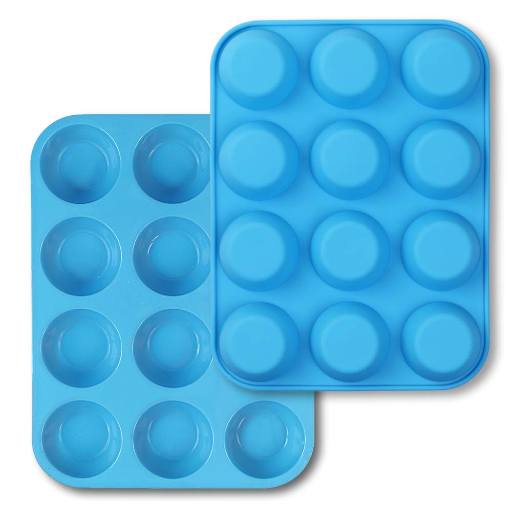 Homedge 12-Cup Silicone Muffin Pan, Pack Of 2 Non-Stick Muffin Molds, Baking Pan For Cupcake, Tarts, Egg Bites-Blue