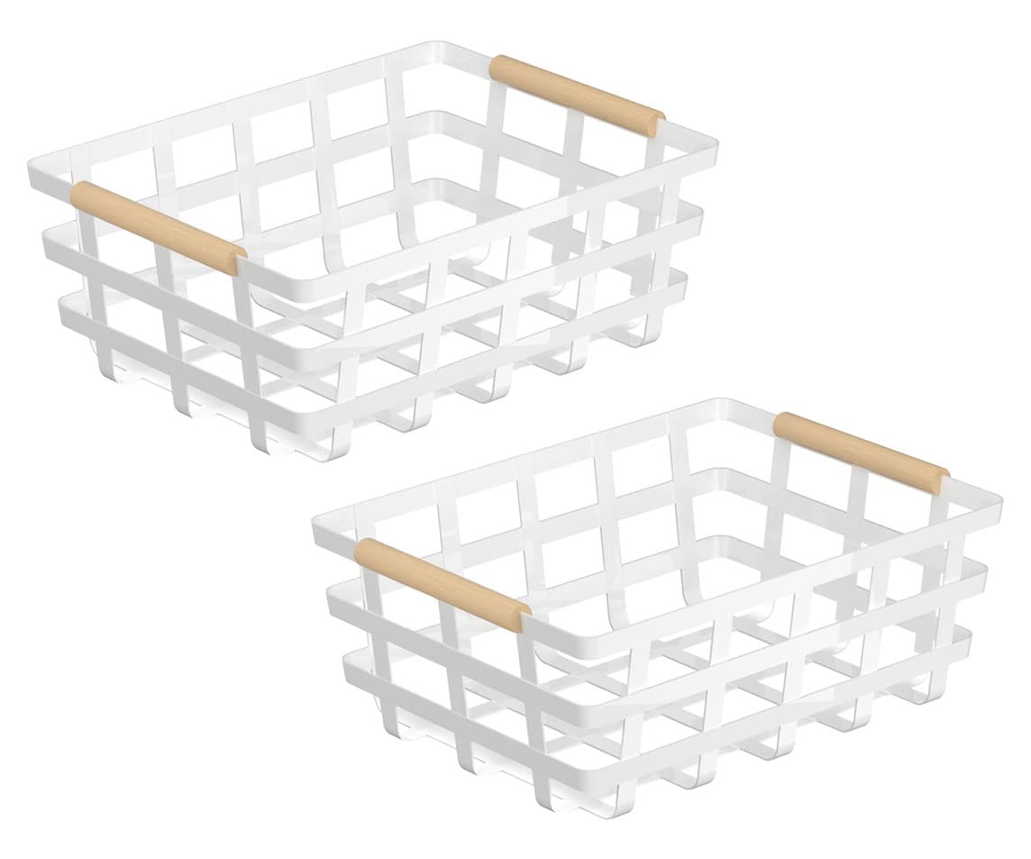 Farmhouse Baskets Wire Storage Baskets, Pantry Organizer Baskets With Wood Handle, Metal Baskets Bins For Kitchen Pantry Shelf C