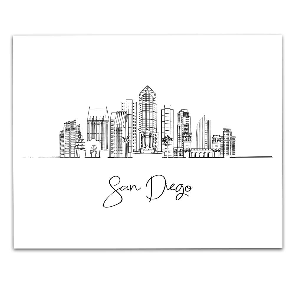 San Diego City, California State City Line Art Skyline Landscape - Usa Travel Adventures & Vacation Cityscape Wall Art Decor- Un