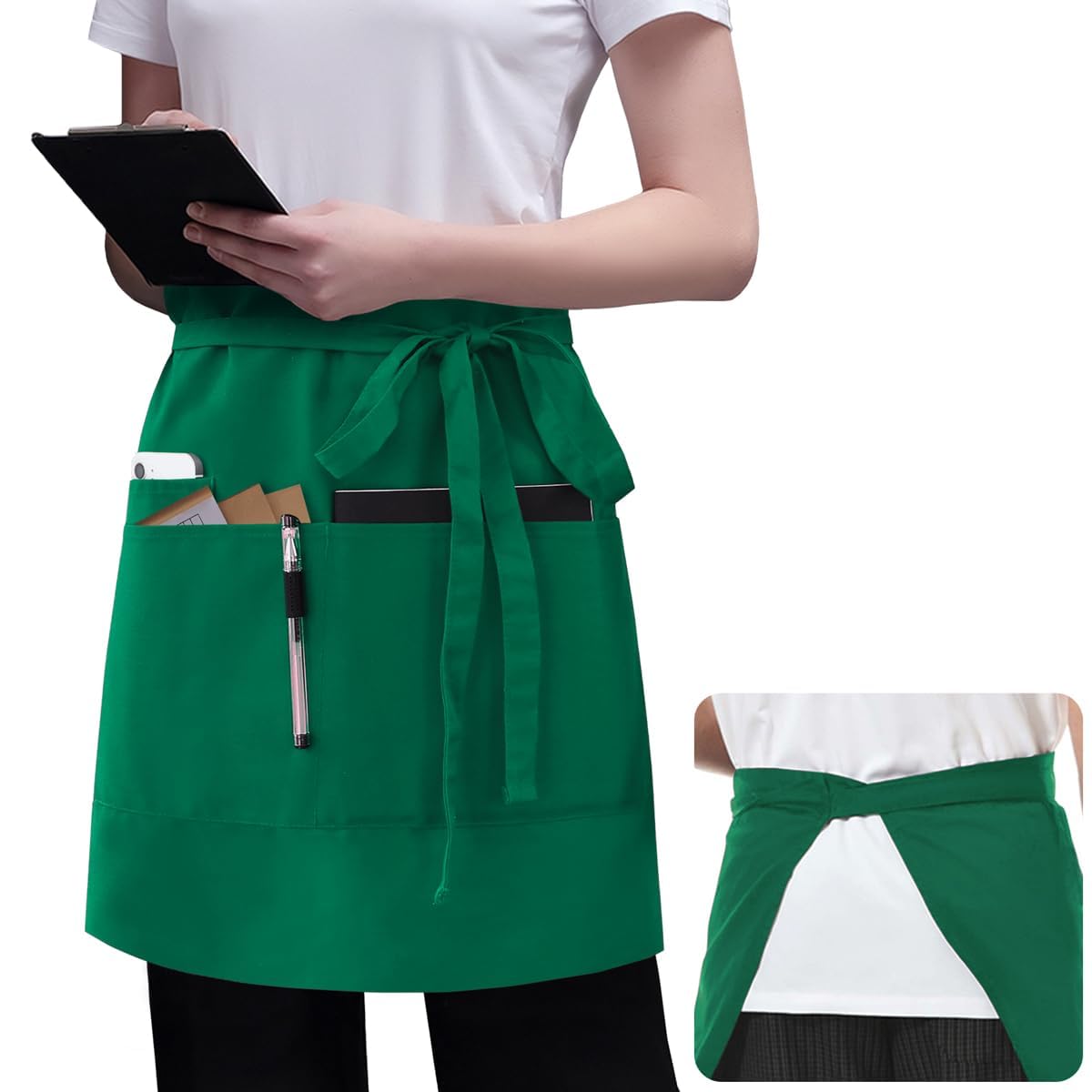 ROTANET Server Apron with 3 Pockets 20 Inch Long Waiter Waitress Bistro Half Waist Aprons for Women Men Waterproof Green