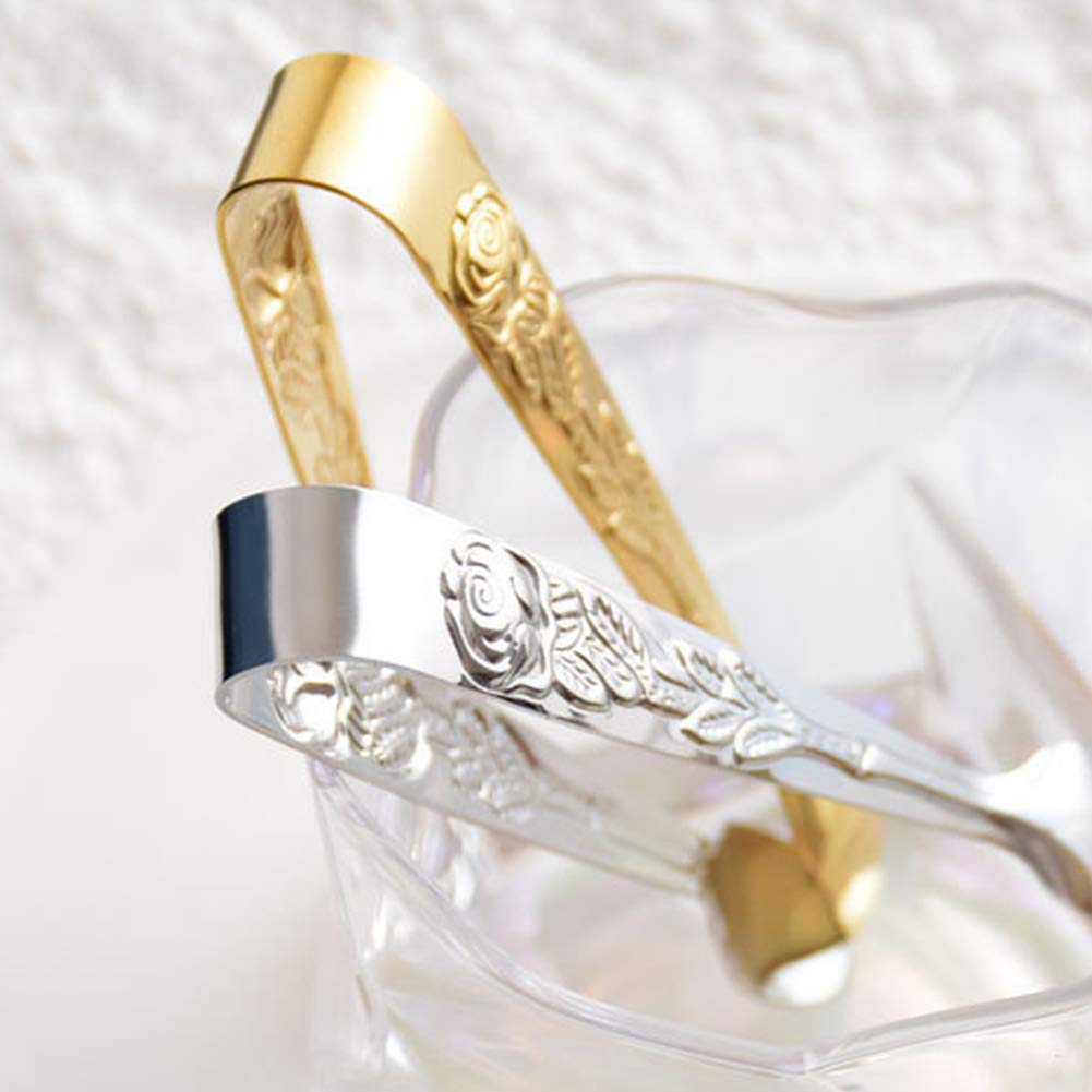 Mini Serving Tongs, 4Inch Rose Pattern Stainless Steel Sugar Cube Tongs, Sliver Small Ice Tongs For Tea And Coffee Party (Gold)