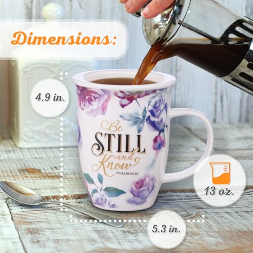 Christian Art Gifts Coffee/Tea Mug with Lid/Coaster Be Still and Know - Psalm 46:10 Bible Verse Encouraging Gift for Women 13 Ounce Ceramic Purple Roses Large Teacup with Lid