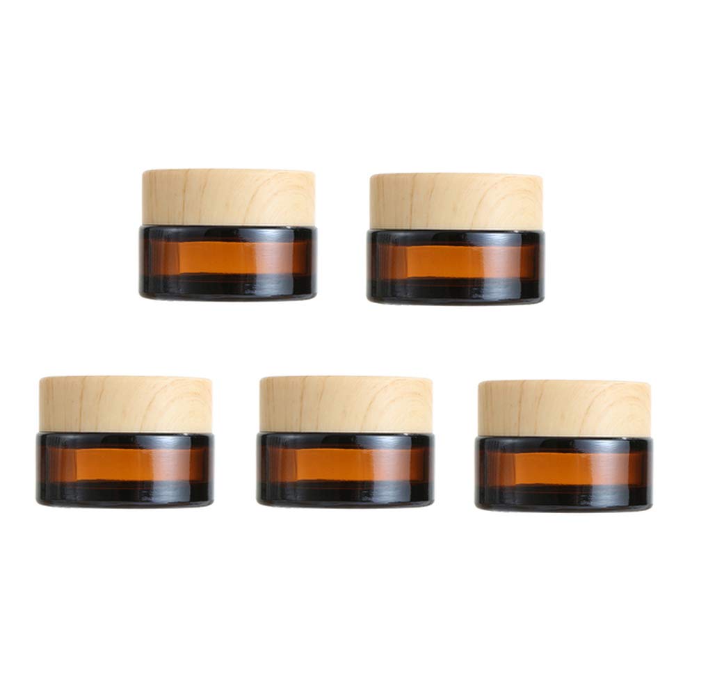 5Pcs 20G/20Ml Refillable Round Amber Glass Cream Jars Empty Cosmetic Containers Sample Jars Bottle With Inner Liners And Wood Gr