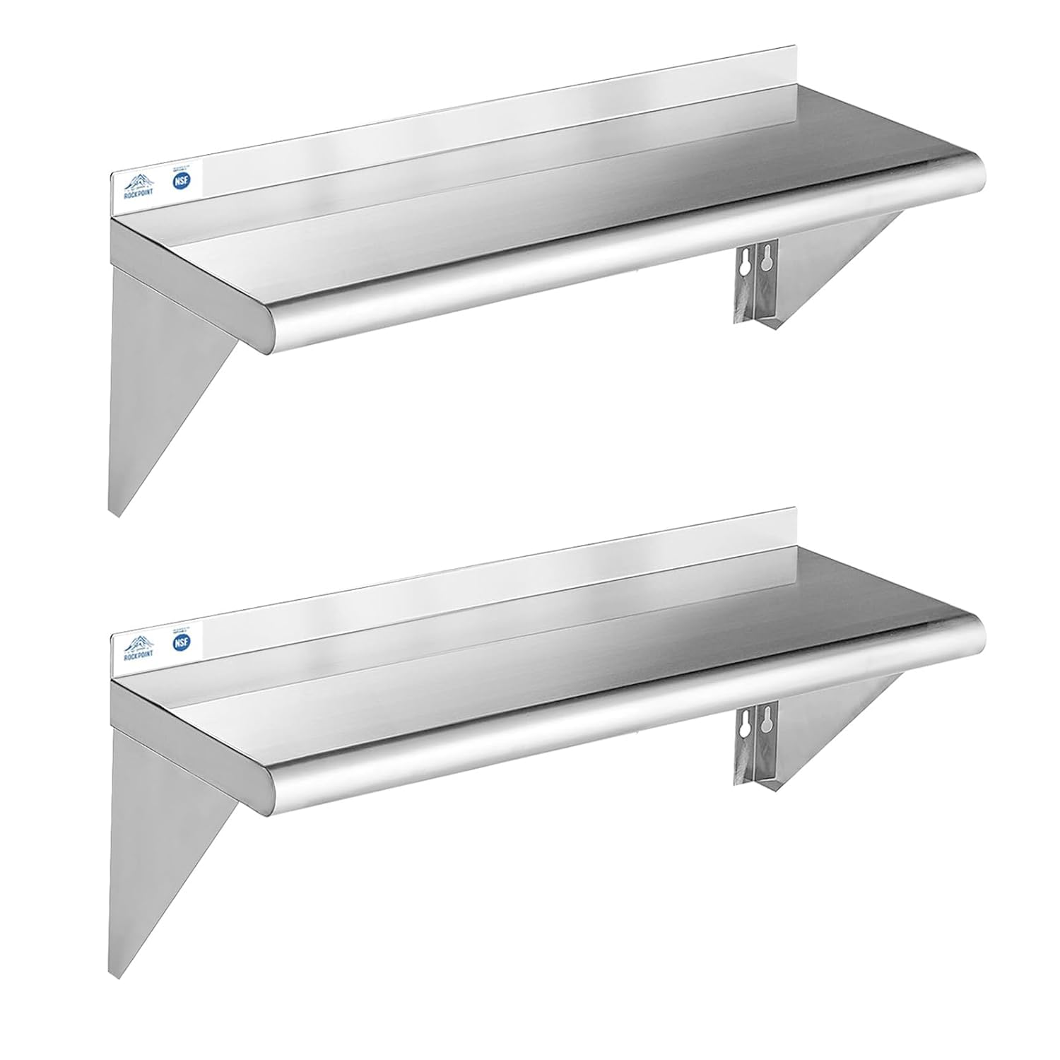 ROCKPOINT Stainless Steel Shelf 10 x 30 Inches 225lb, 2 Pack NSF Metal Commercial Shelves Wall Mount Floating Shelving with Back