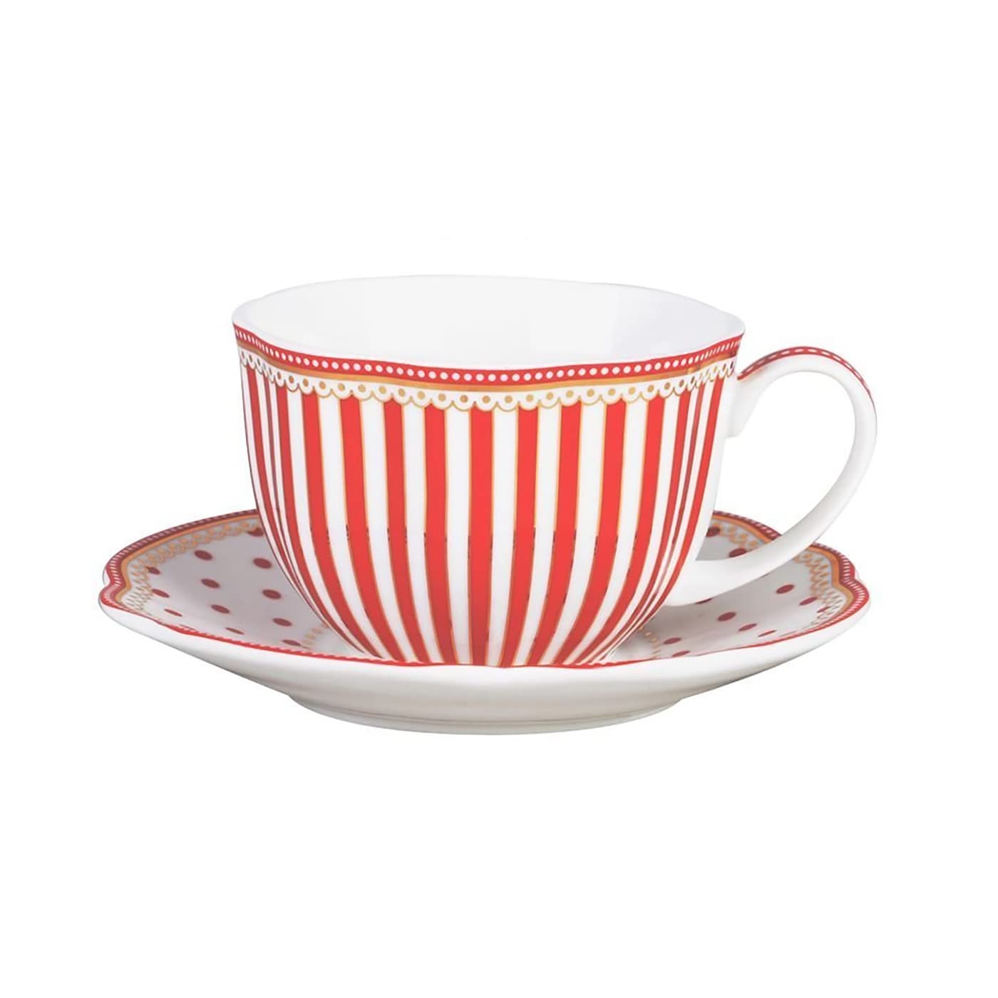 Grace Teaware Red Dot Stripes Scallop 9-Ounce Porcelain Tea/Coffee Cup And Saucer, Set Of 2 (G1960264Rd-2)