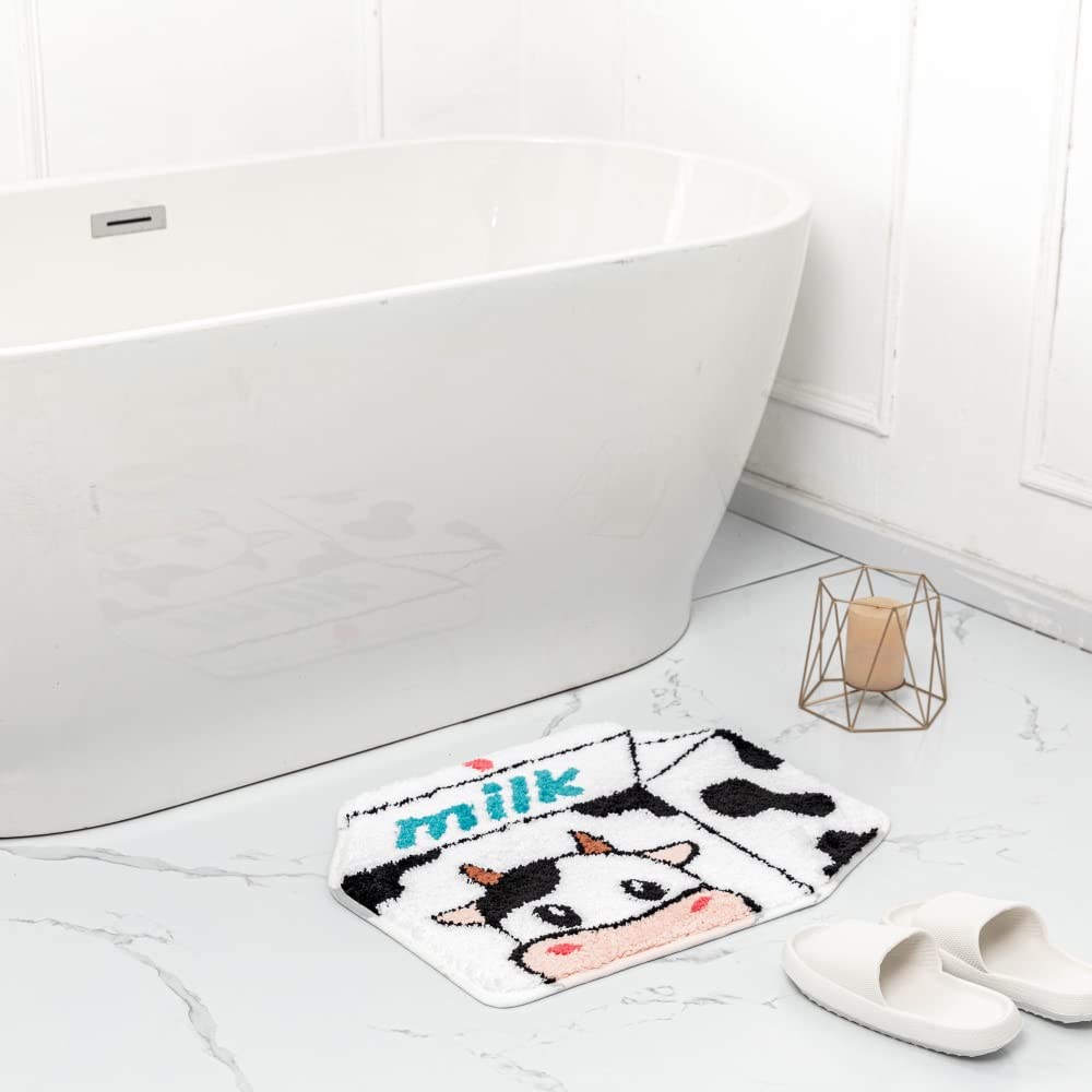 ZSCYD-yingda1992 Milk Cow Bathroom Rugs Milk Box Shaped Animals Non Slip Cute Bath Rug Soft Absorbent Microfiber Bathtub Door Mat for Bathroom Kitchen Floor Tub Shower Rug Black White