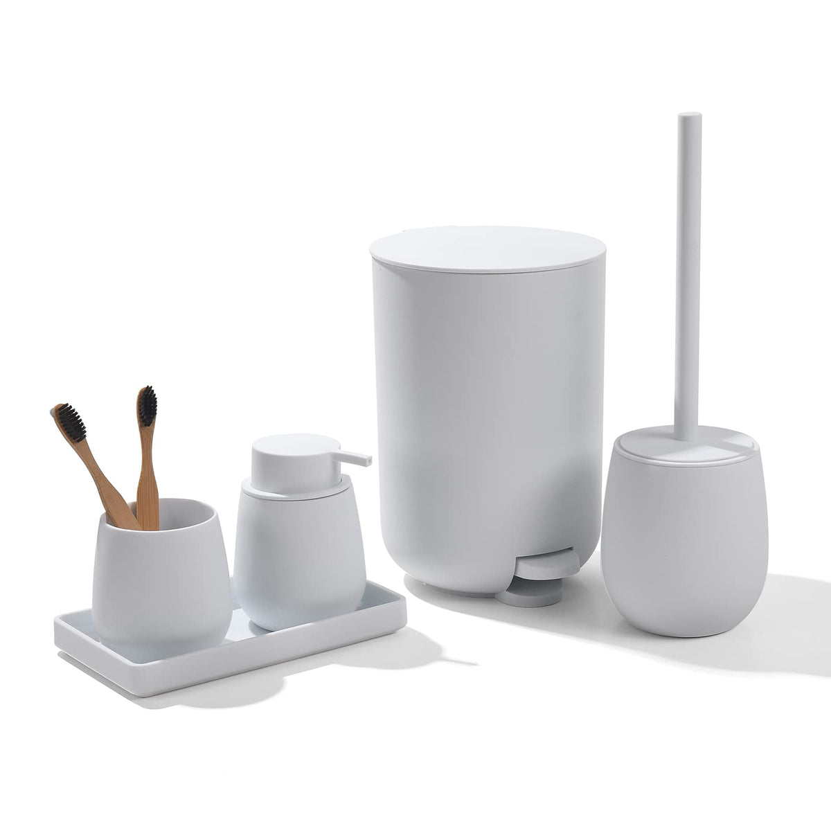 Gahefy White Bathroom Accessories Set With Small Trash Can 3 Liter/0.8 Gallon,Toothbrush Holder,Soap Dispenser,Vanity Tray,Toile