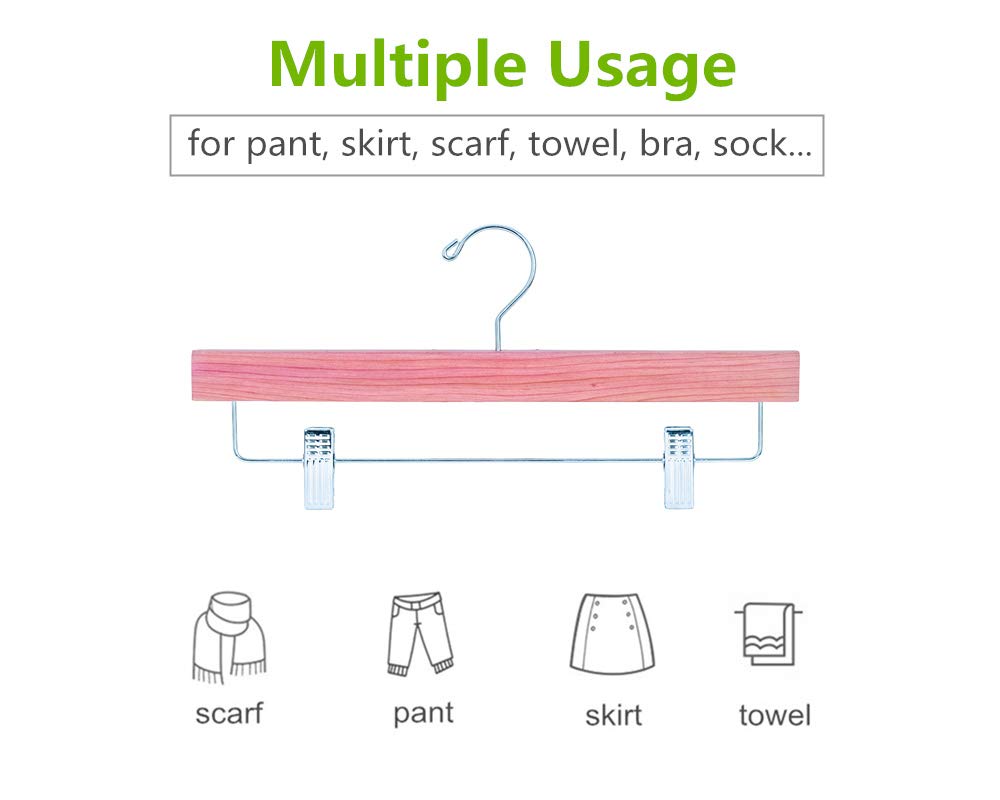 Amber Home American Red Cedar Wood Pants Hangers 12 Pack, Natural Cedar Wooden Slacks Skirts Hangers With 2-Adjustable Clips, Bo