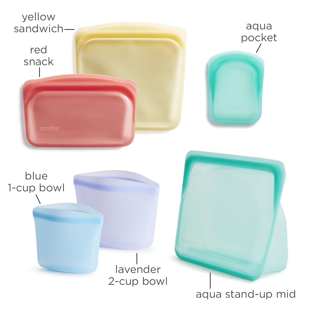Stasher Premium Silicone Reusable Food Storage Bags, 6-Pack, Rainbow | Multi-Use Food Storage Bags, Lunch Bag, Travel Containers