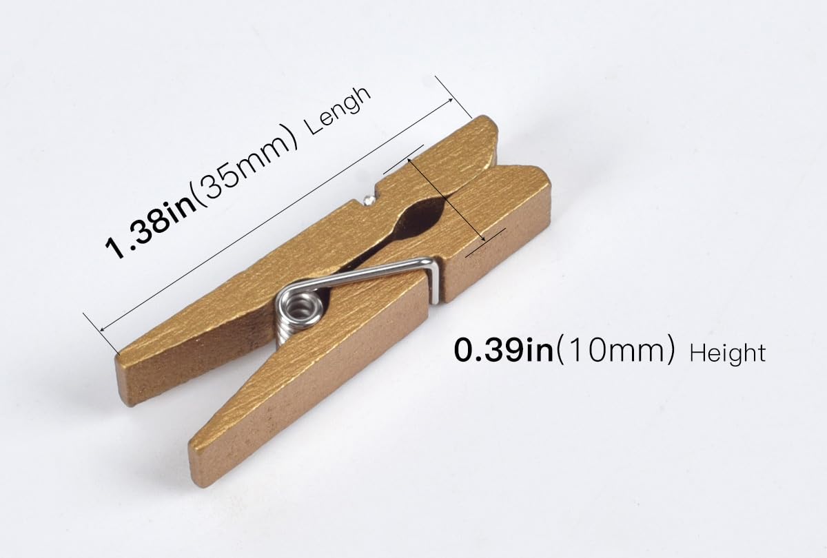 iKammo 50pcs Wood Gold Clothespins Mini Wooden Gold Clothes Pins for Photo Peg Pin Compatible Gift Wrapping  Picture Hanging  Arts&Crafts  Photo Display (Gold  3.5 * 0.7cm)
