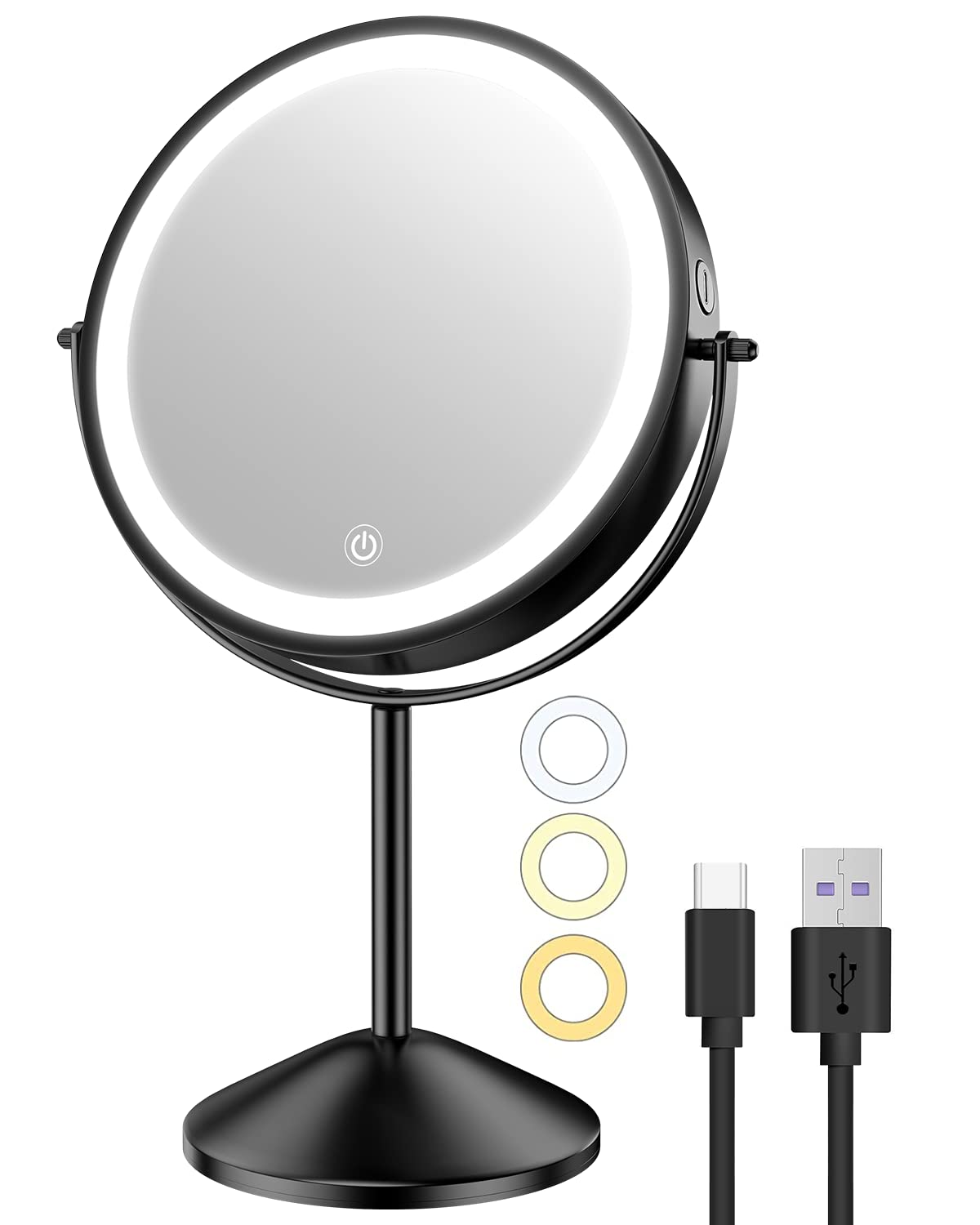 Gospire 8 Inch Lighted Makeup Mirror, 3 Color Lights & Stepless Dimming Led Vanity Mirror, 1X/10X Double Sided Magnifying Rechar