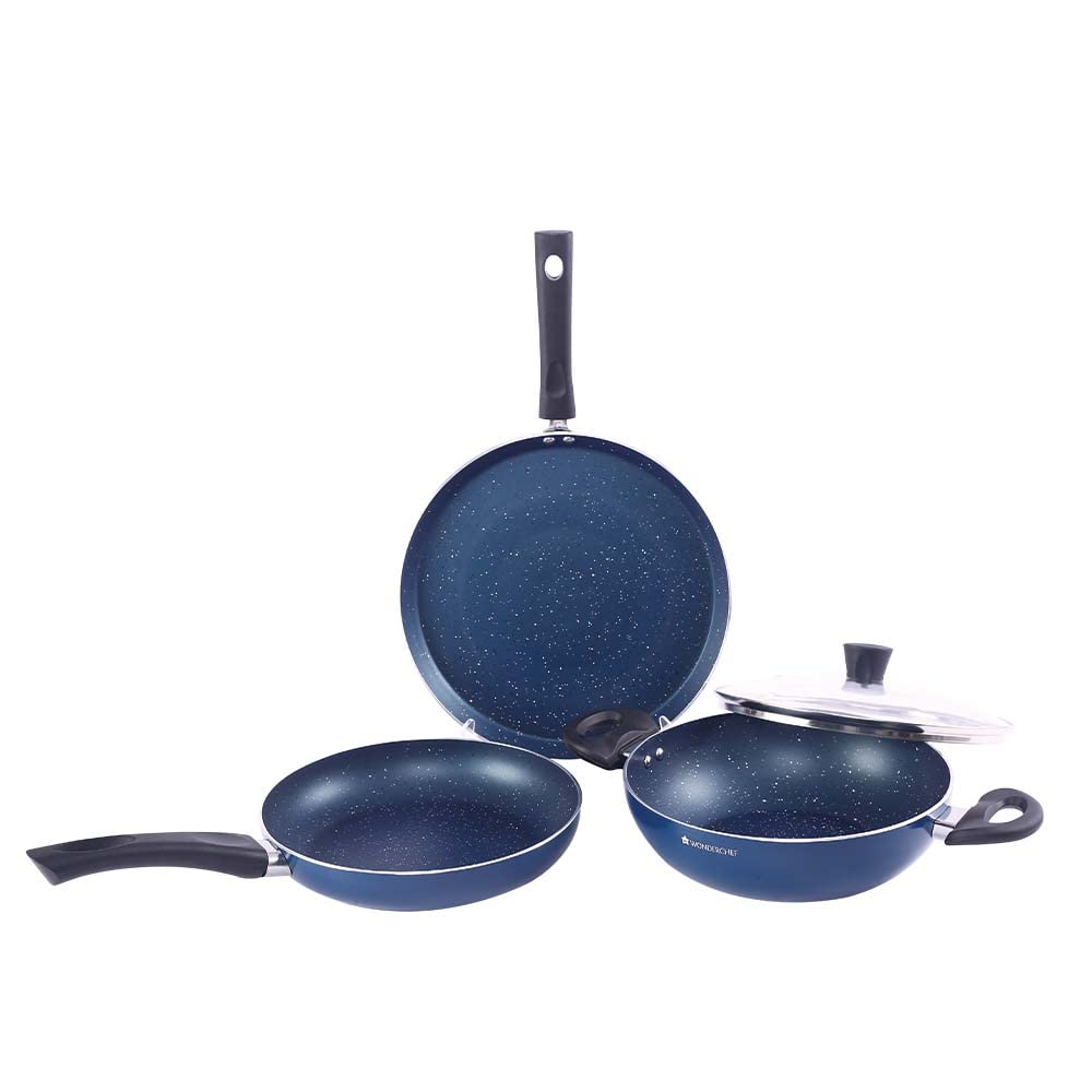 Wonderchef Galaxy Cookware 4 Piece Set | Kadhai With Lid, Fry Pan, Dosa Tawa | Induction Friendly | Cool Touch Bakelite Handles 