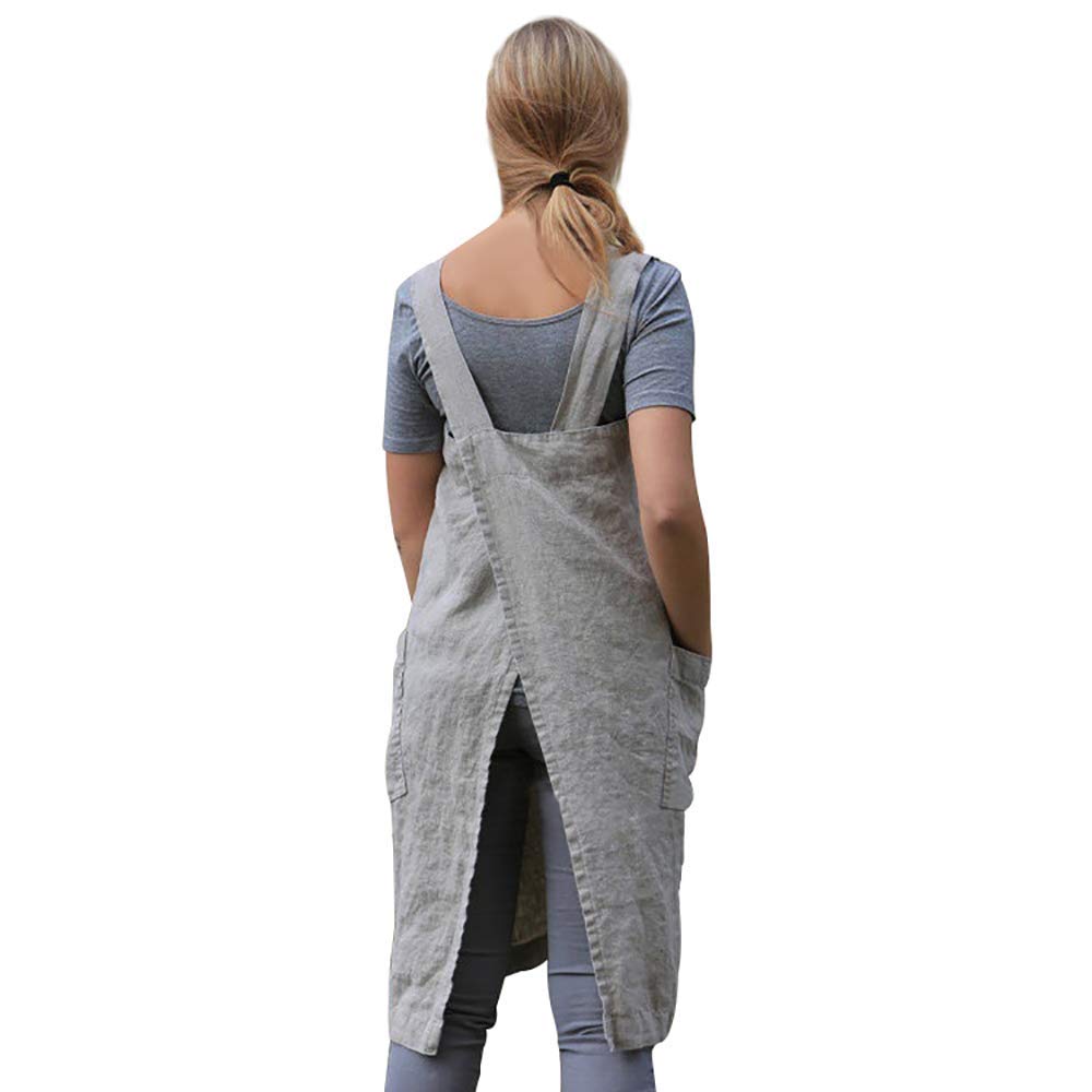 Womens Pinafore Square Apron Baking Cooking Gardening Works Cross Back Cotton/Linen Blend Dress With 2 Pockets Gray