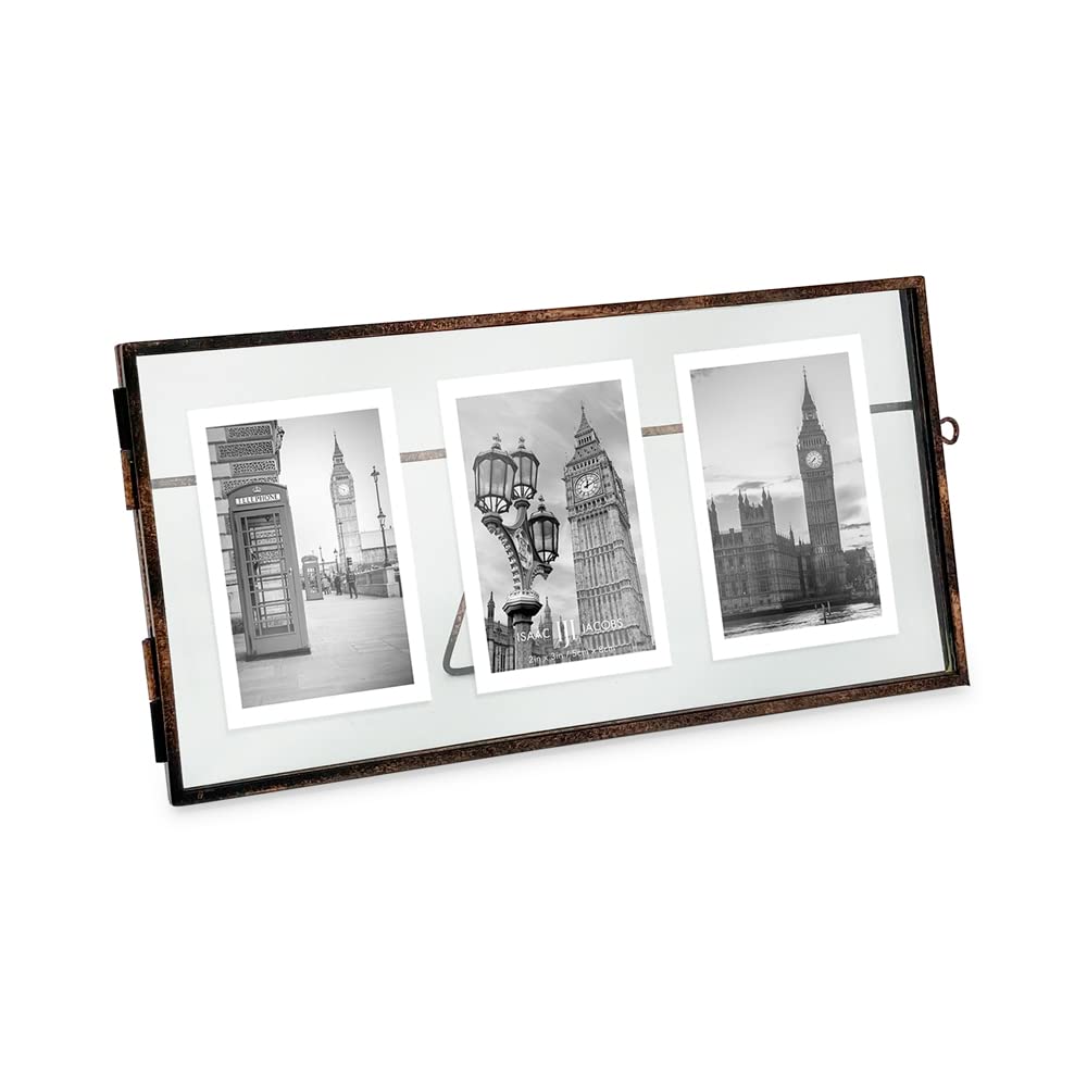 Isaac Jacobs 3-Photo Vintage Style Glass and Metal Floating Picture Frame (Horizontal) w/Locket Closure; (Fits 3 2x3 photos) for