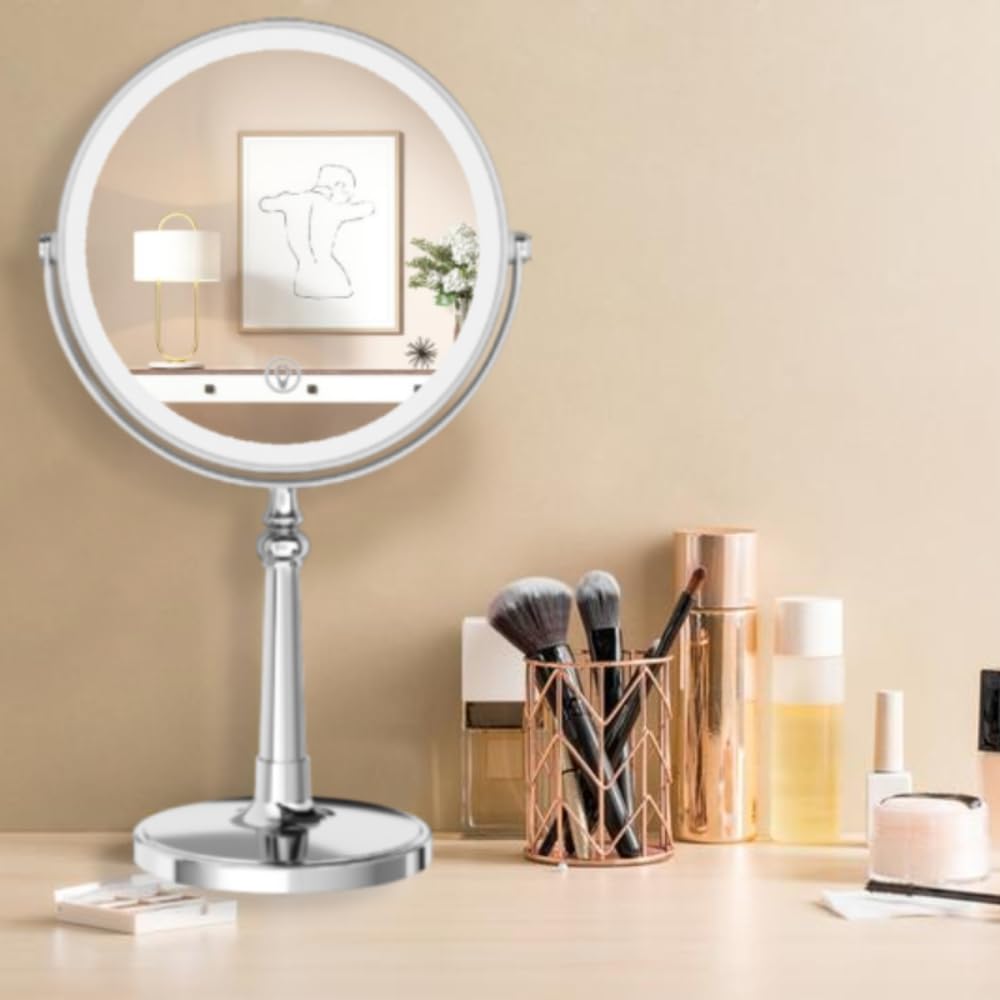 9'' Large Make Up Vanity Mirror With Lights Chrome Two Way Mirror 1X/10X Magnifying Mirror With Light And Stand 4000Mah Recharge