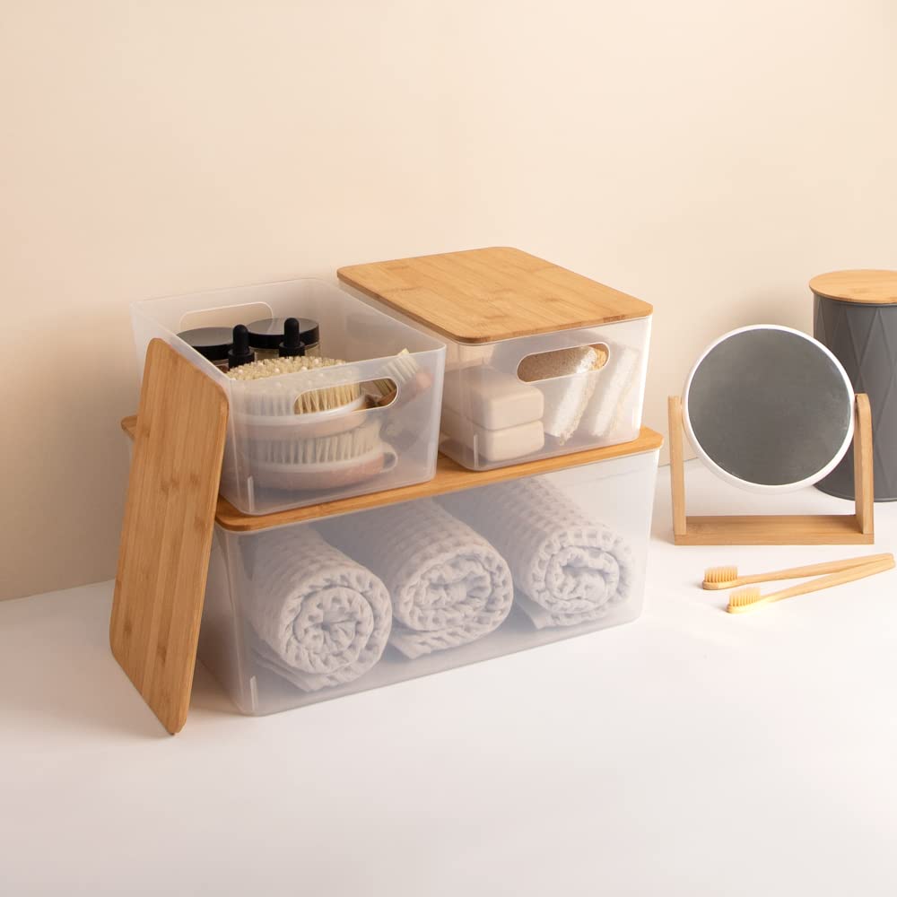 Isaac Jacobs 2-Pack Xl Clear Storage Bin Set W/Cut-Out Handles And Bamboo Lid, Plastic Organizers For Home, Pantry, Kitchen, Clo
