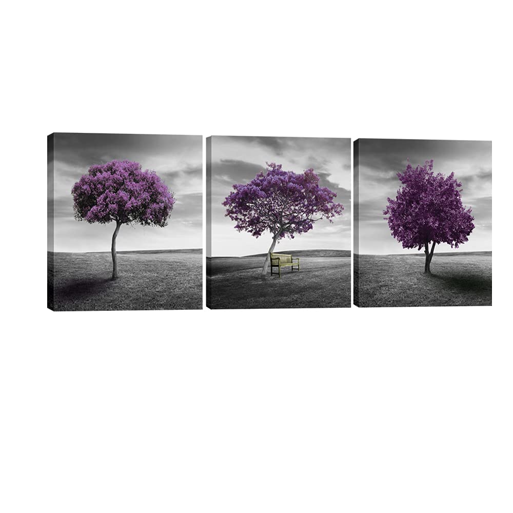 Pyradecor 3 Piece PURPLE TREES CANVAS PRINTS WALL ART Fall Forest Pictures Paintings for Living Room Bedroom Home Office Decorations Modern Stretched and Framed Landscape Giclee Artwork