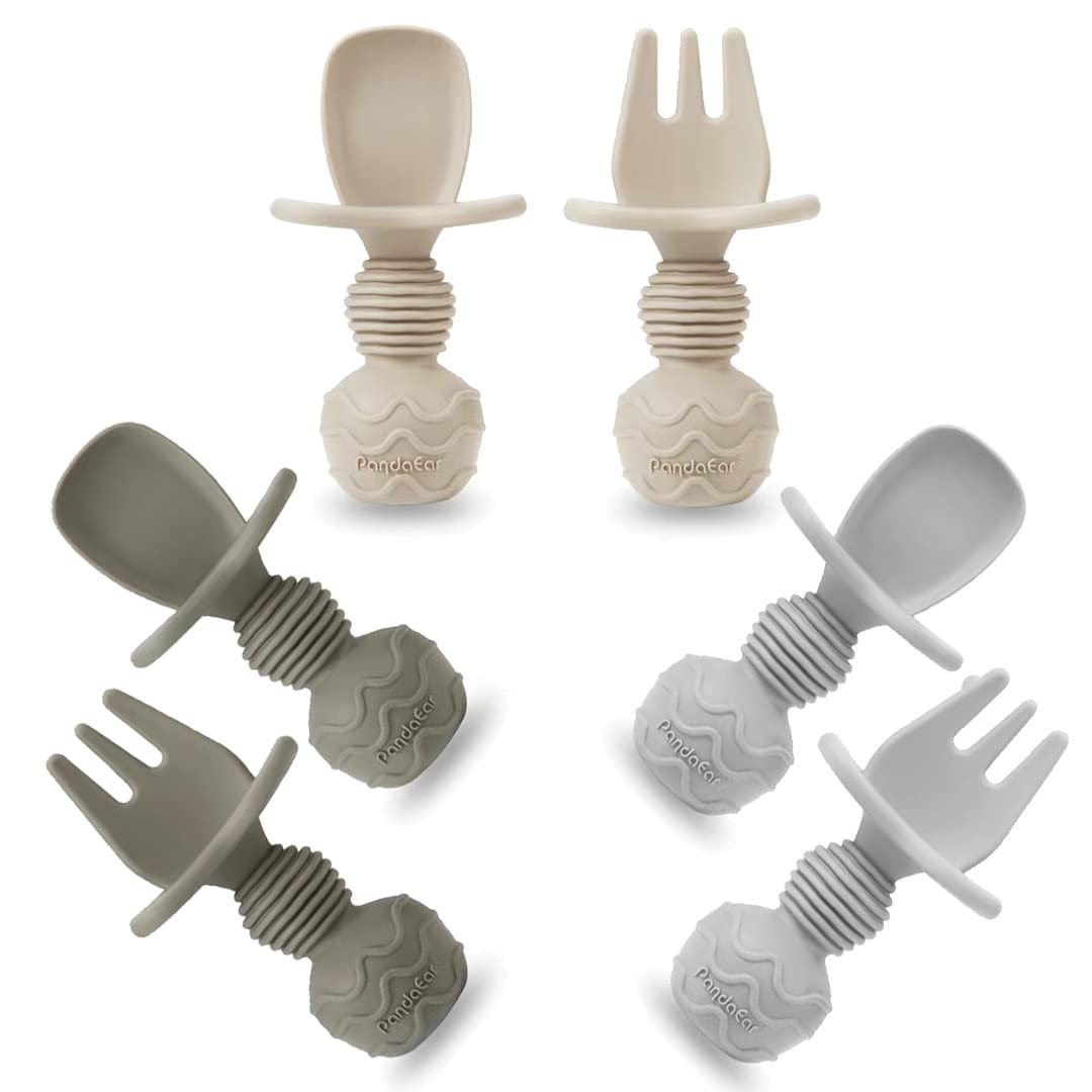 Pandaear 6 Pack Silicone Baby Spoons And Fork Feeding Set- Anti-Choke First Self Feeding Utensils For Baby Led Weaning Ages 3 Mo