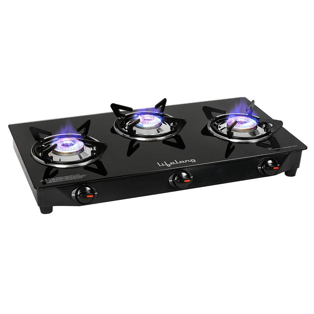 Lifelong 3 Burner Gas Stove Top For Kitchen - Manual Ignition Cooktop Modern Glass Stove For Modular Kitchen, Isi Certified & Co
