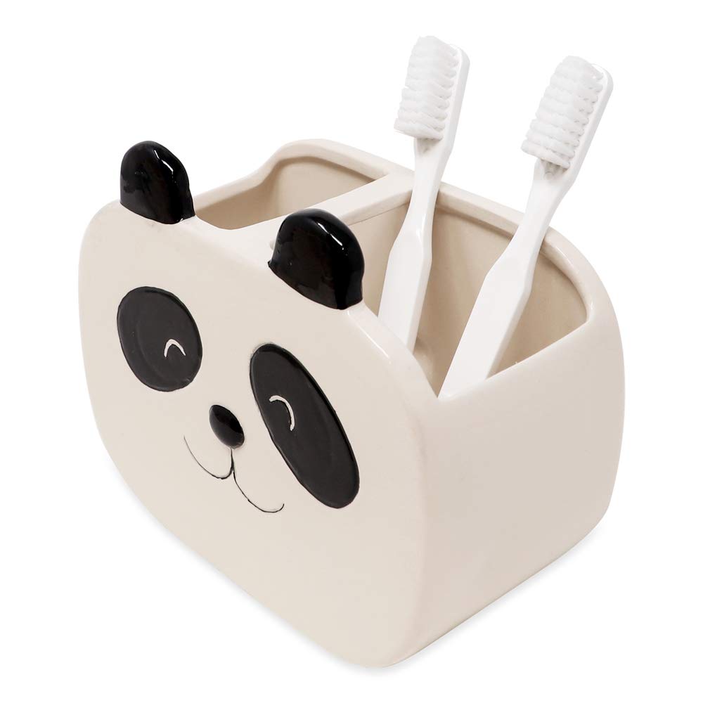 Isaac Jacobs Black And White Ceramic Panda Makeup Brush Holder, Multi-Purpose 2-Section Organizer. Bathroom, Kitchen, Bedroom, O