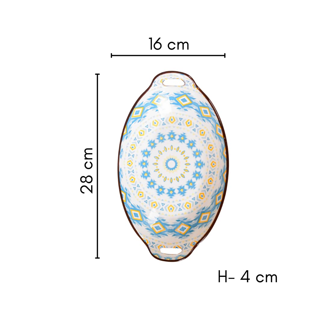 Nestasia Blue & Yellow Diamond Ceramic Long Dish with Handles for Serving Snacks, Appetizers, Salads, and Noodles| Microwave Saf