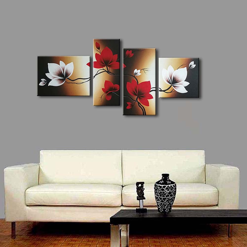 Wieco Art The Back Full Bloom In Spring Red Flowers 100% Hand-Painted 4 Panels Flower Oil Paintings On Canvas Wall Art For Wall
