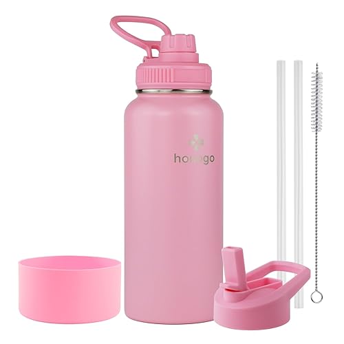 honogo 32 oz Powder Coated Double Wall Vacuum Insulated Sports Water Bottle  18/8 Stainless Steel Wide Mouth Thermos Flask with Straw Lid & Spout Lid  Leak Proof  Sweat Free  BPA Free (Pink  32 oz)