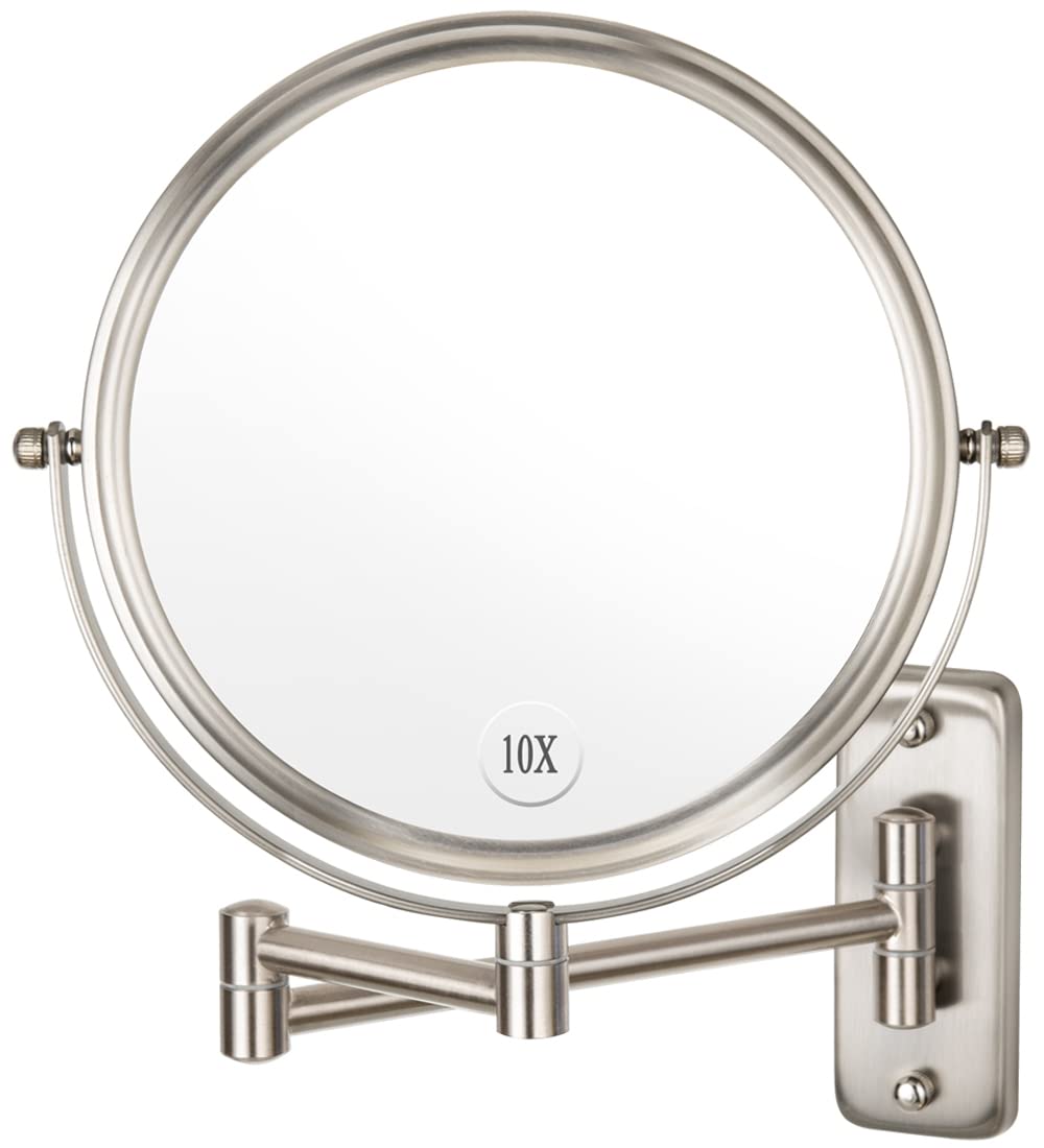 Alhakin Wall Mounted Makeup Mirror - 10X Magnification 8'' Two-Sided Swivel Extendable Bathroom Mirror Nickel Finish