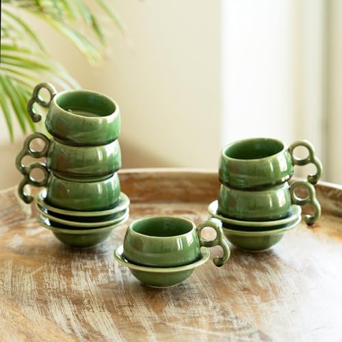 Exclusivelane Jade Forest Ceramic Cups And Saucers Set Of 6 (120 Ml, Jade Green, Dishwasher & Microwave Safe) | Ceramic Tea Cu