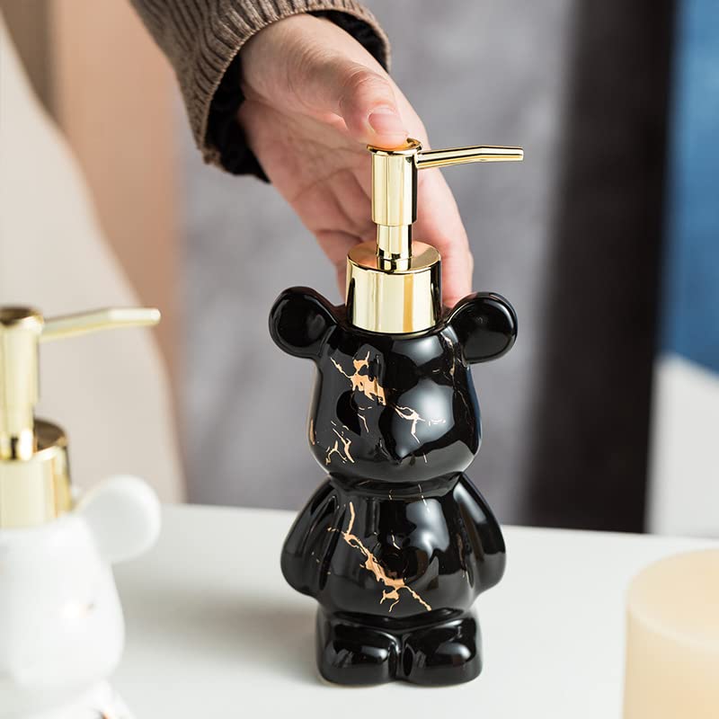 Small Bathroom Soap Dispenser With Pump, Cute Bear-Shaped Design, Ceramic Liquid Soap Dispenser (Marble Black)