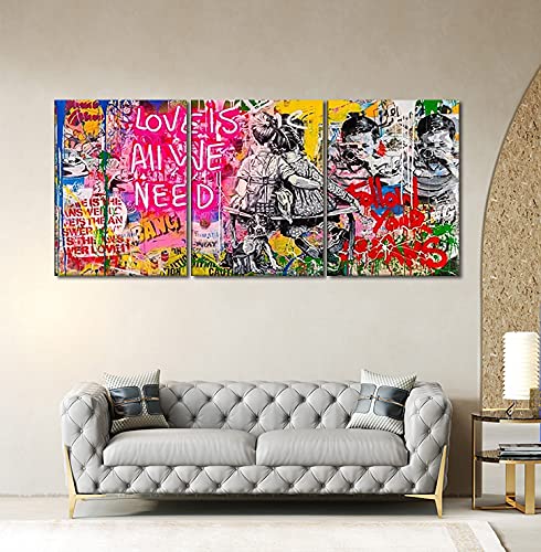 Mamago Banksy Graffiti Wall Art 3 Pieces Motivational Quote Love Is All We Need Canvas Print Poster For Living Room Bedroom Mode