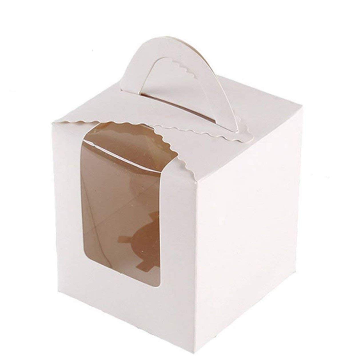 ihomecooker 25 Pcs Single White Cupcakes Containers Gift Boxes with Window Inserts Handle for Wedding Candy Boxes (25P-Handle-Wh