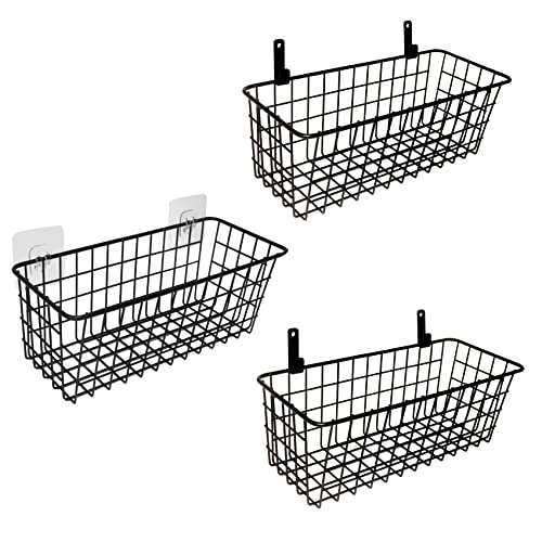 3 Set Hanging Wire Baskets,Wall Mount Fruit Basket,No Drilling,Adhesive Small Metal Basket,Farmhouse Food Storage Mesh Bin Kitch