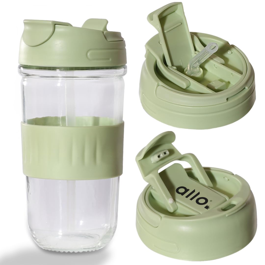Allo Reusable Glass Mug Sipper Tumbler with Straw, Unique 2 in 1 ANTI Spill Lid | Microwave Safe Leakproof Glass with AntiSlip 