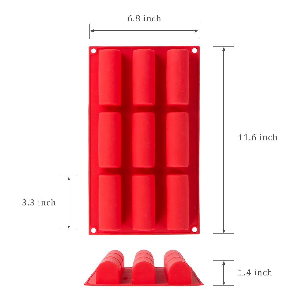 Webake Twinkie Pan Silicone Mini Log Cake Mold For 3D Cylinder Mousse, Diy Pudding Cake Molds Oblong 9 Cavity (Red)